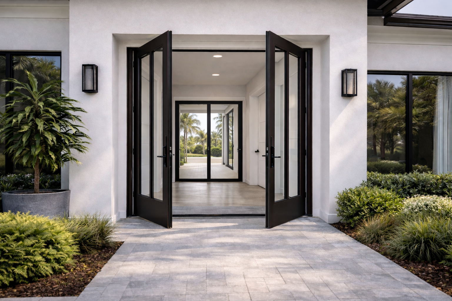 Modern house entrance with open black doors leading to a garden.